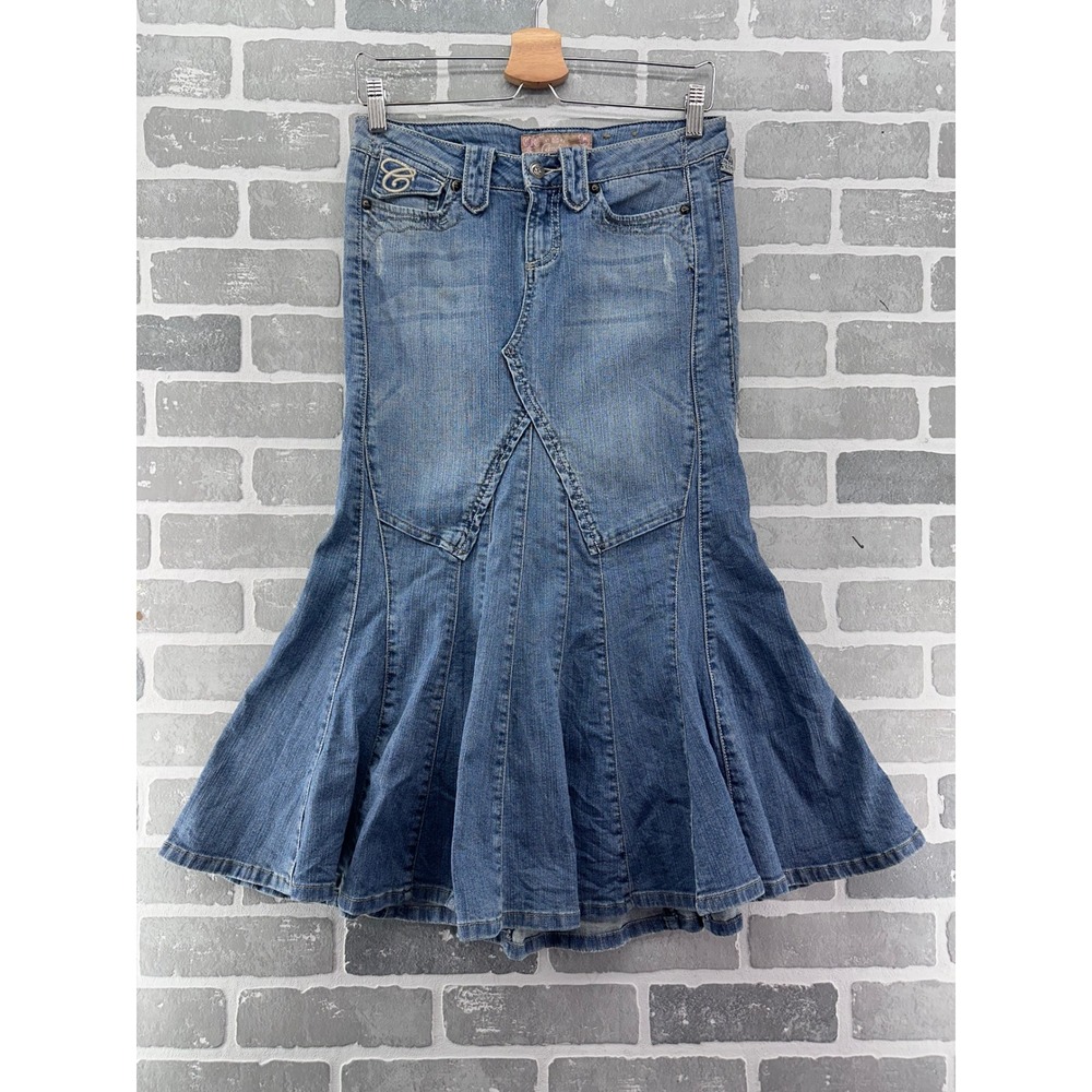 Candie's Denim Mermaid Skirt Medium Wash Embroidered Y2K Flare Size 5 CS14APMJ